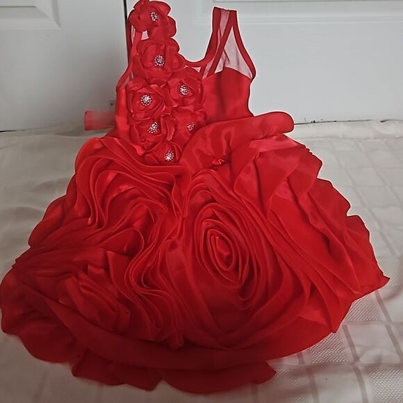 Toddler Girl's Custom-Made Rose Petals Chiffon Dress With Petticoat Red 12-Month - Picture 6 of 16